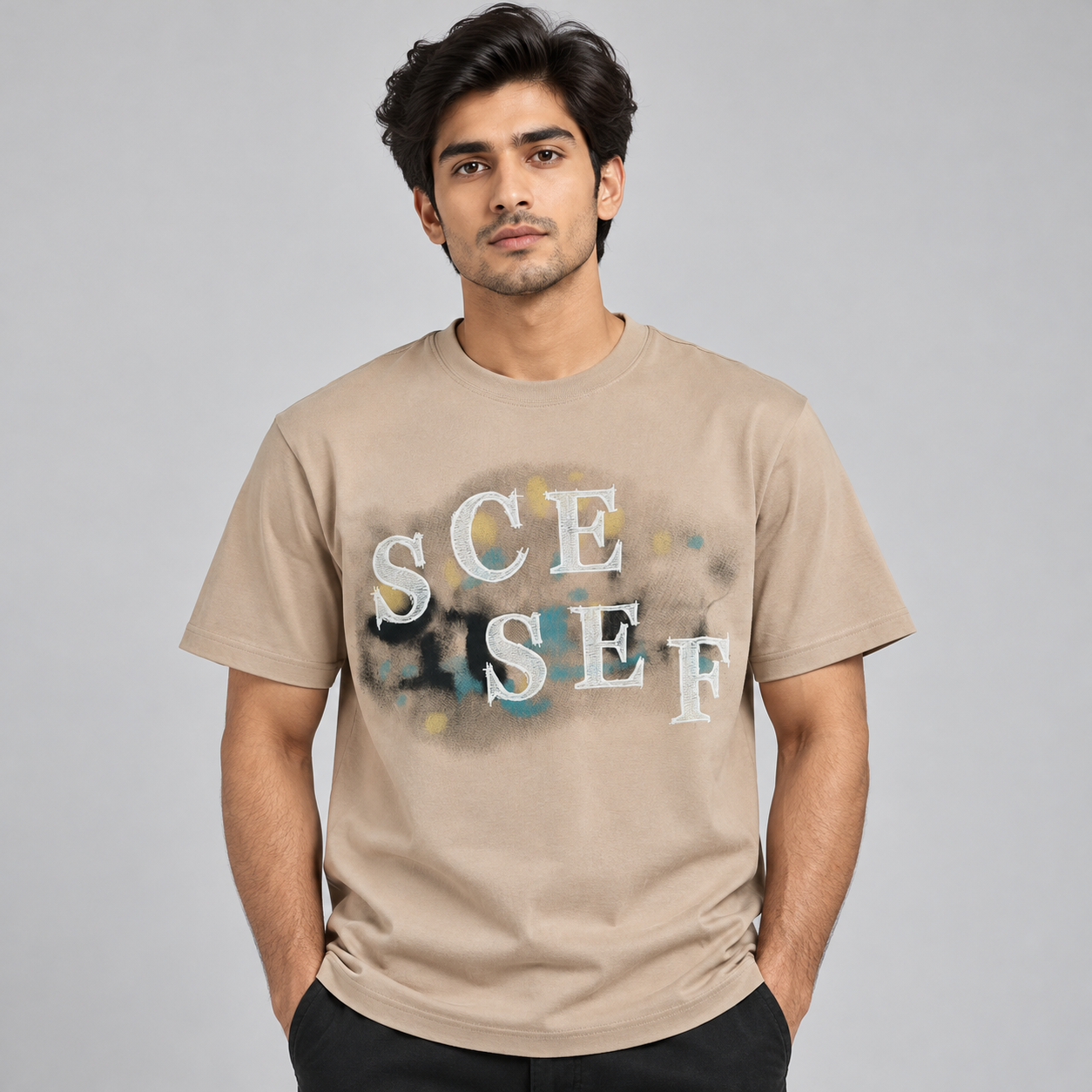 Goofups Faded Typography Print T-Shirt for Men - Taupe