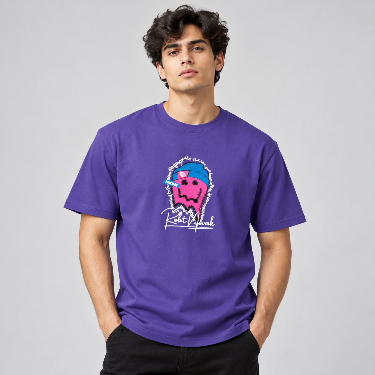 Goofups Graffiti Smiley Back Print T-Shirt for Men - Purple