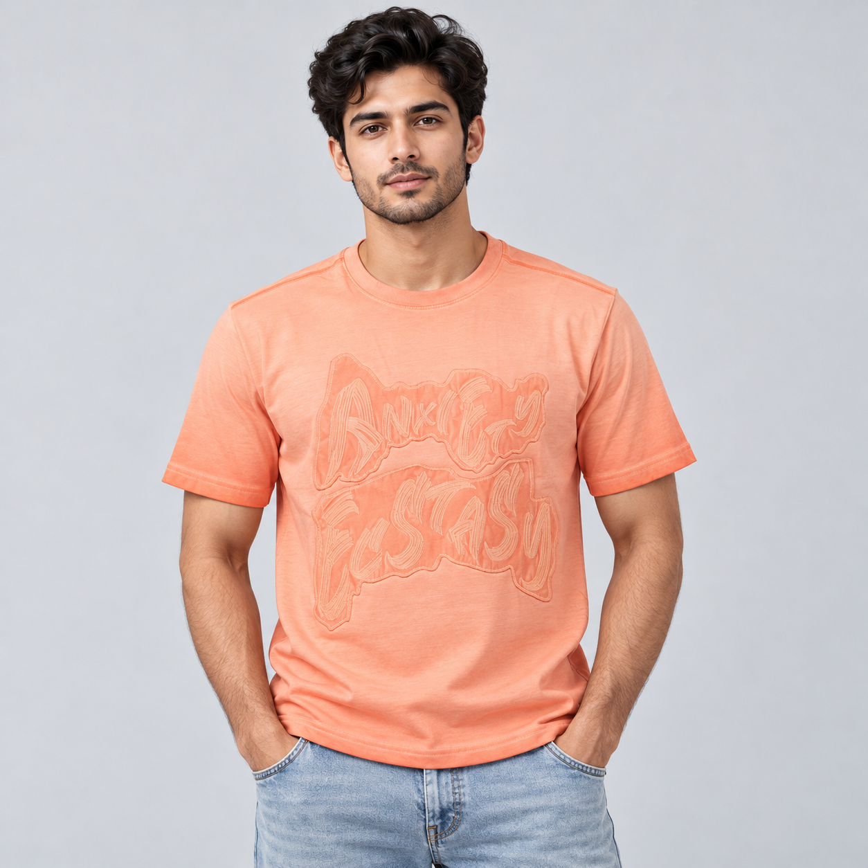 Goofups Tonal Graffiti Washed T-Shirt for Men - Peach