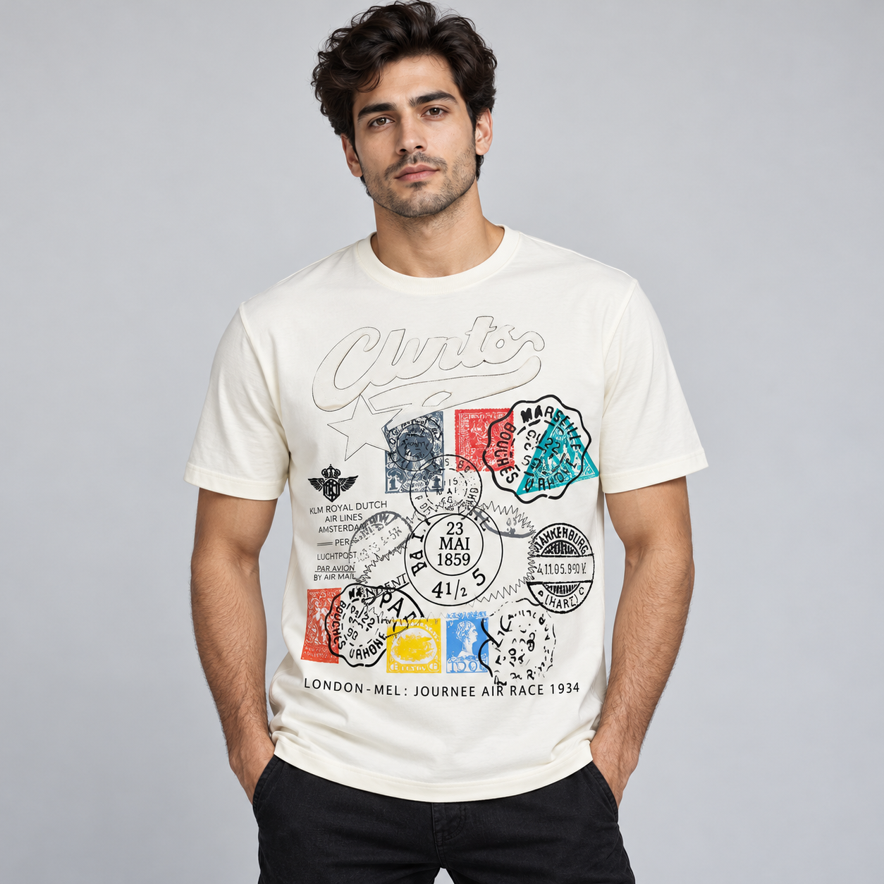 Goofups Vintage Air Mail Stamp Print T-Shirt for Men - Cream