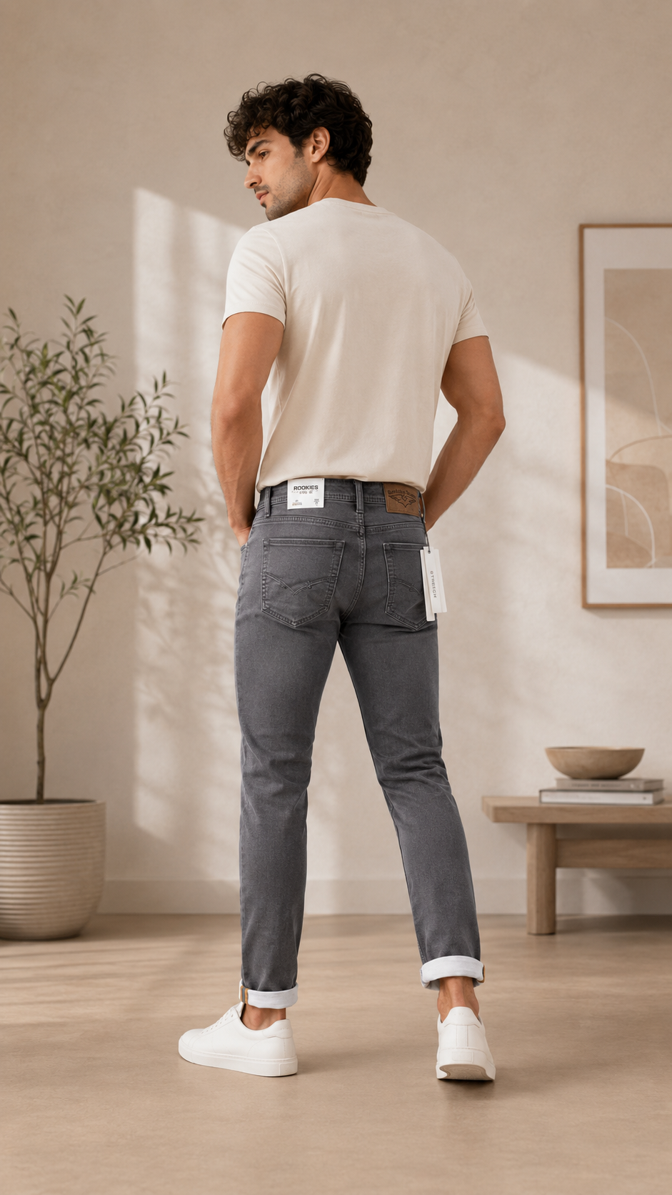 Beauty Art Men's Slim Fit Grey Denim Jeans - Casual Jeans with Roll-Up Hem