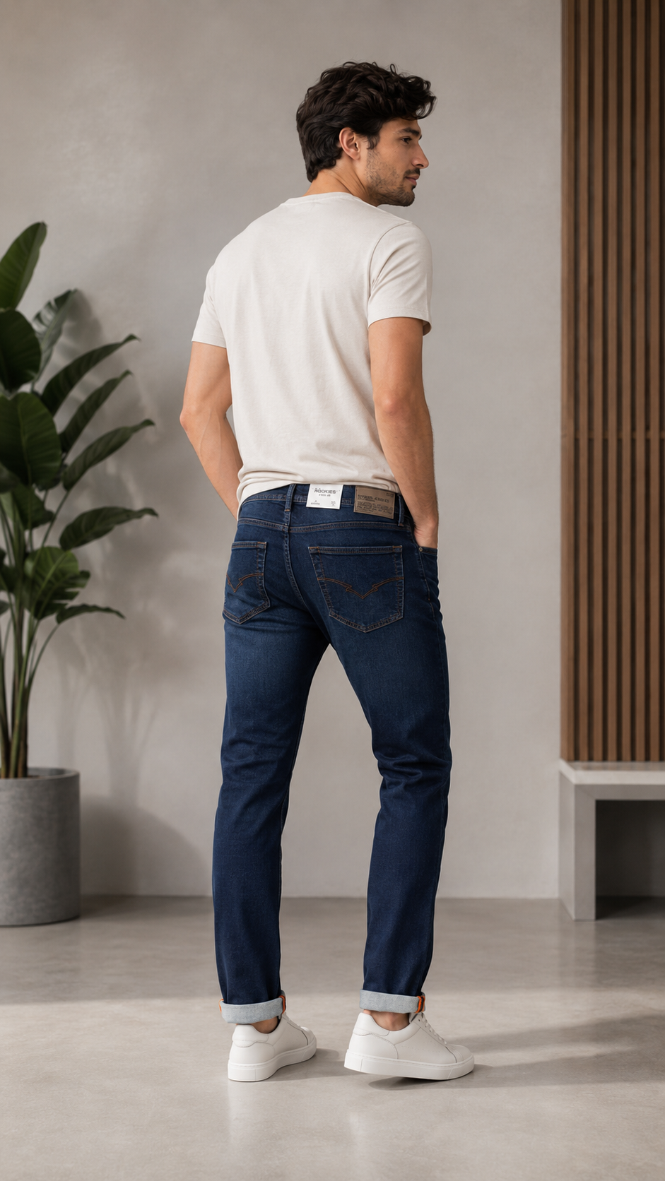 Beauty Art Men's Slim Fit Dark Navy Denim Jeans - Casual Jeans with Roll-Up Hem