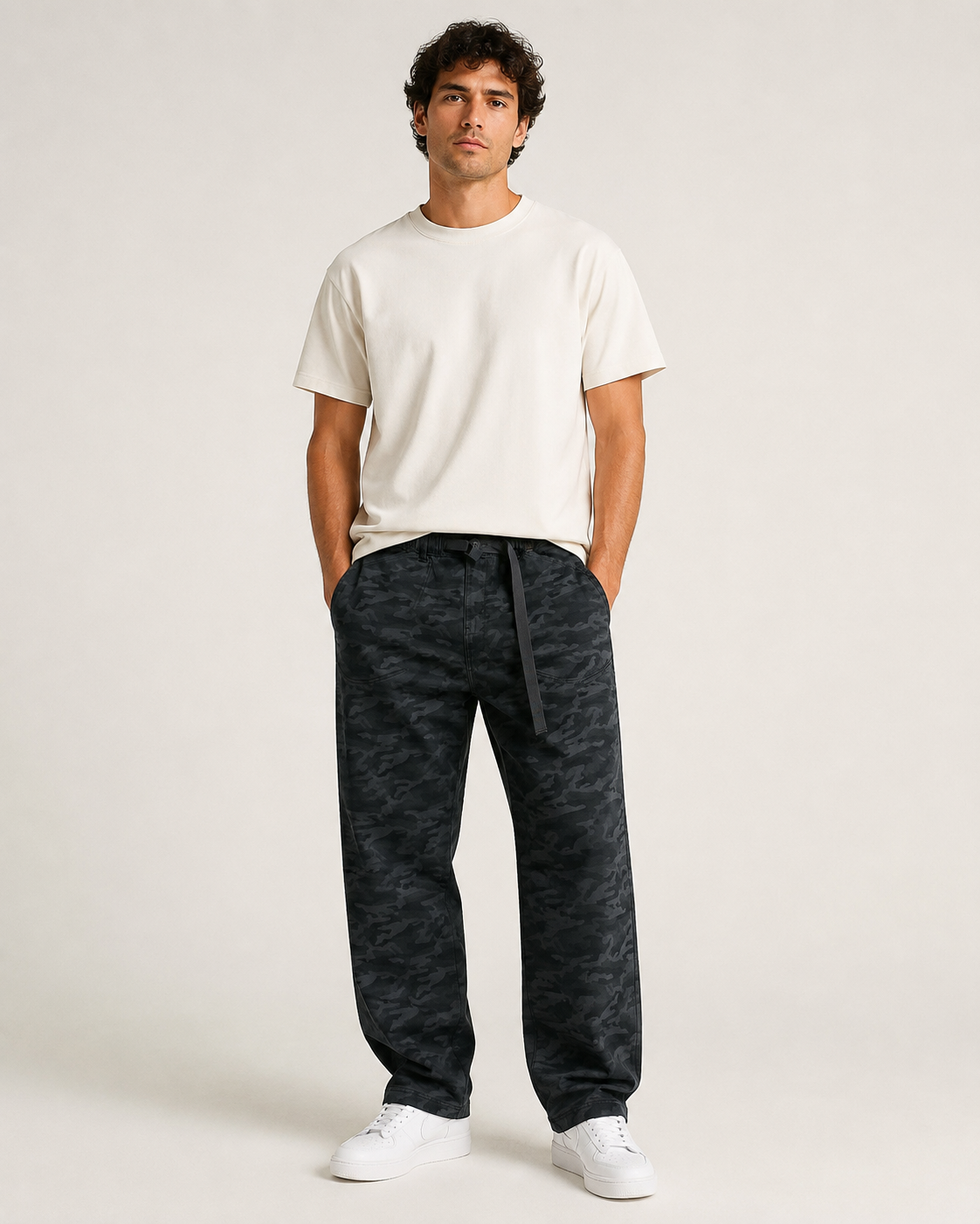 Men's Black Camo Relaxed-Fit Pants | Drawstring Utility Trousers