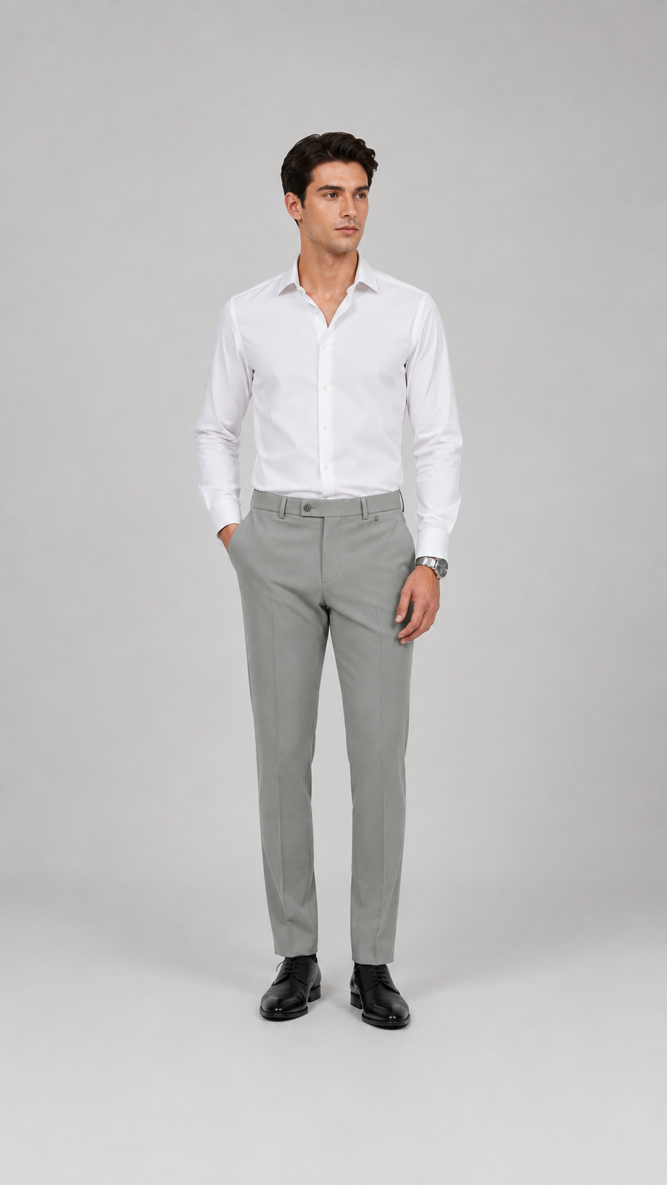 Men's Light Grey Slim-Fit Formal Trousers | Tailored Dress Pants