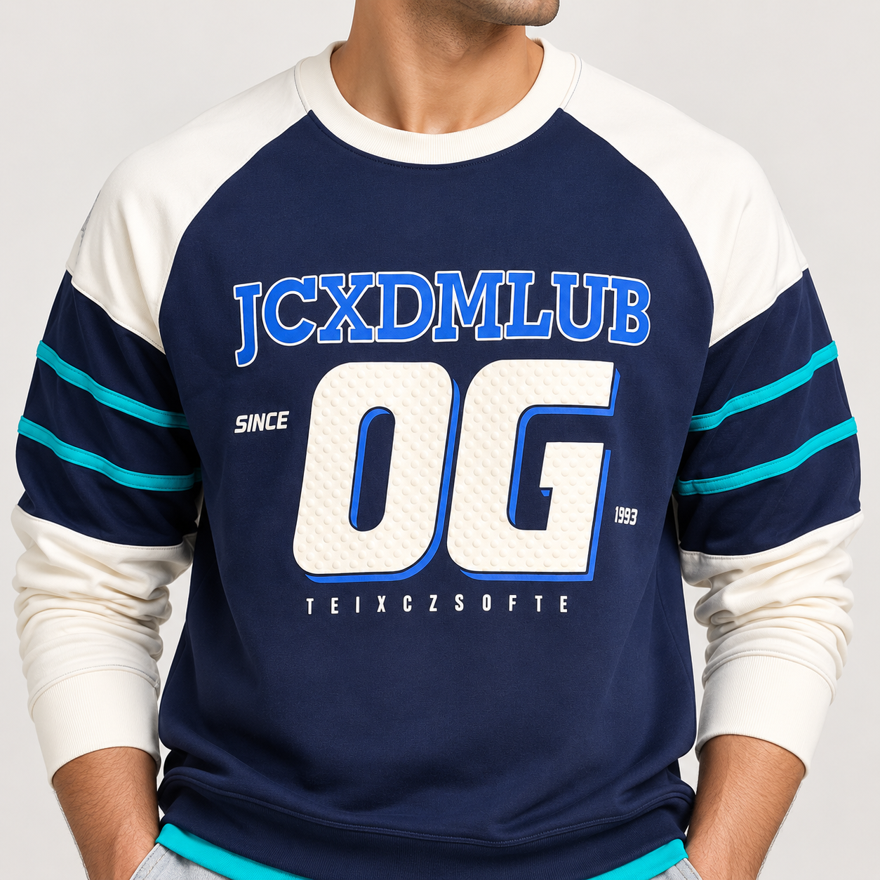 Beauty Art Men’s Navy Blue Graphic Sweatshirt with Contrast Sleeves | Relaxed Casual Streetwear Pullover