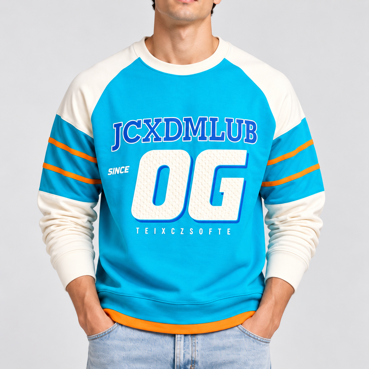 Beauty Art Men’s Sky Blue Graphic Sweatshirt with Contrast Sleeves | Varsity Style Casual Pullover
