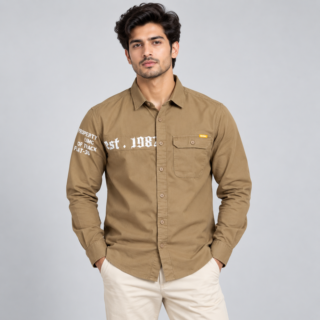 I Real Men's Khaki Brown Graphic Casual Shirt | Urban Everyday Wear